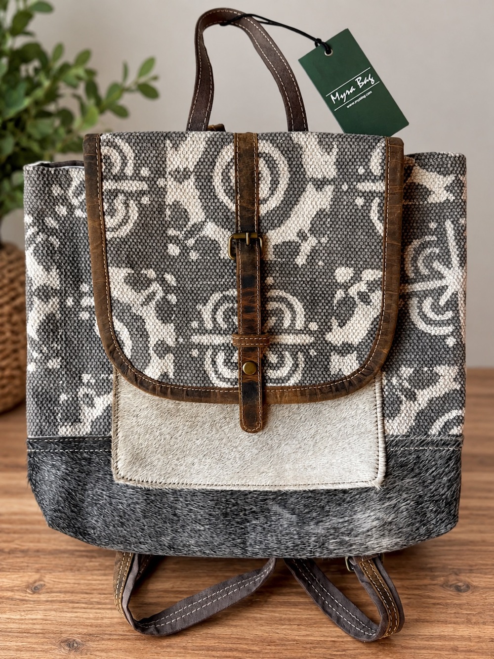 Myra Bag Dreamer Hair-On Cowhide Canvas Leather Western Boho Backpack NWT